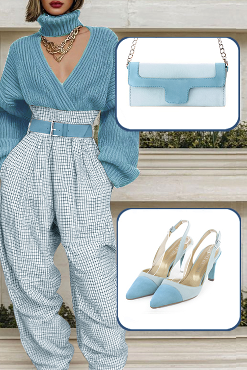 Women's sky blue elegant slingback heels. Tapered toe. High slim heel - Worn view